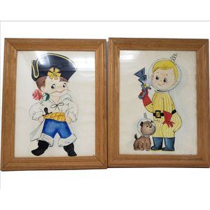 Vintage Signed Original Water-Color Paintings of a Child Pirate & Astronaut